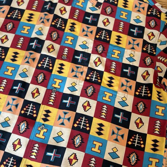 VINTAGE TIMNEY FOWLER FOR GO SILK ALL OVER PRINT MENS SHIRT Large Medium Tribal - Picture 7 of 11
